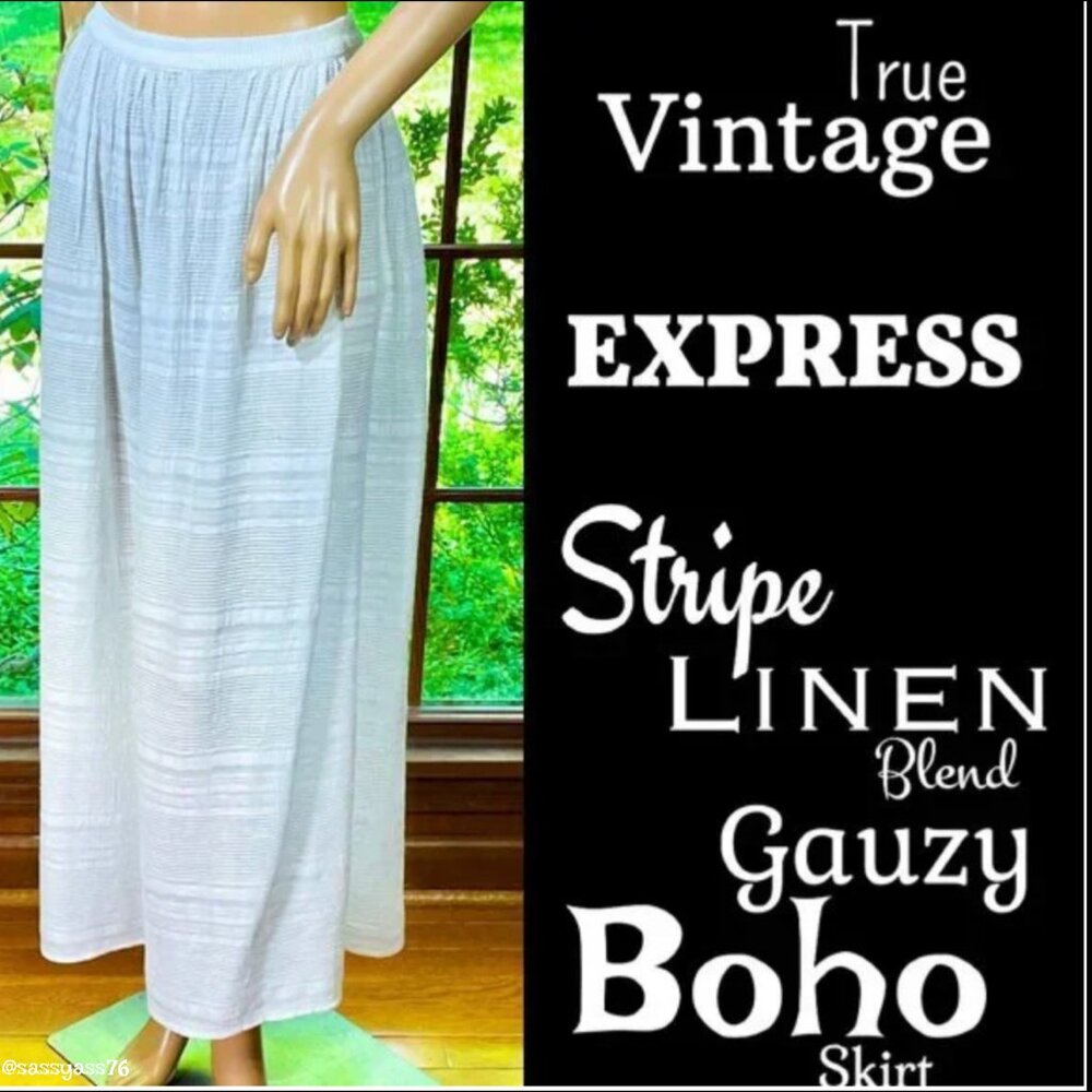 ▪️VTG▪️EXPRESS▪️1990's Stripe Linen Blend Gauzy Boho Skirt Swimsuit Cover-Up - Picture 1 of 4